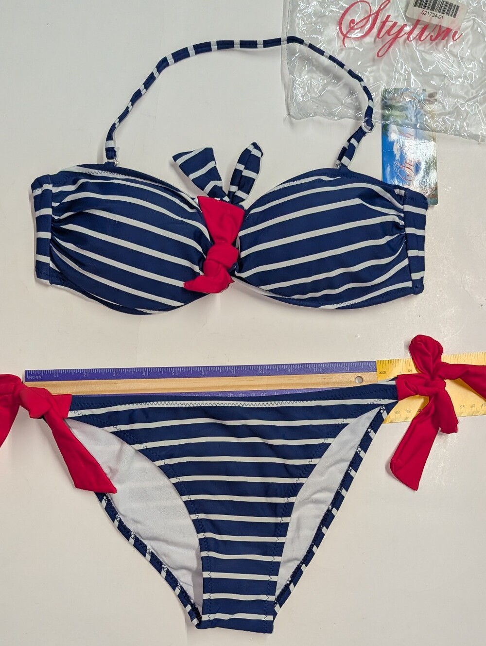 NWT STYLISH Nautical Striped Bikini White Blue Red Bow Low Rise Swimsuit Lg&Med - Picture 8 of 13